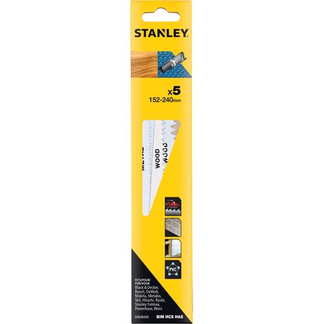 Stanley – Lames de scie sabre lot de 5 – 2 lames HCS 152mm, 1 lame HCS 240mm, 1 lame HAS béton, 2 lames Bi-Métal – Pour bois, béton, métal – STA28205XJ (1/2)