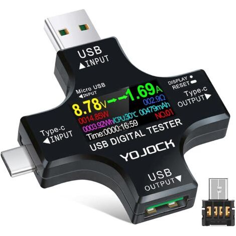 Testeur USB Multimètre USB C Meter de Courant et de Tension 3.6-32V 0-5.1A Tester 2 en 1 Voltmetre Amperemetre Capacité Alimentation Wattmètre Chargeur Détecteur avec adaptateur OTG (1/5)