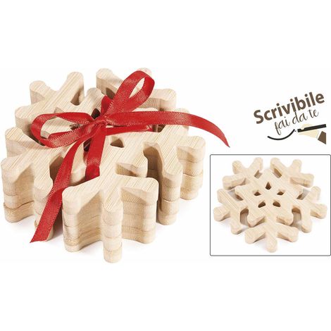 Sottobicchieri di Natale in legno a fiocco di neve con nastrino regalo, set da 8 pezzi, cm 10 x 10 H