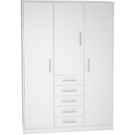 Pegane – Armoire de rangement blanche 3 portes et 4 tiroirs – Panneaux de particules mélaminés 16mm – Dimensions : Hauteur 200 x Longueur 130 x Profondeur 50 cm (1/3)