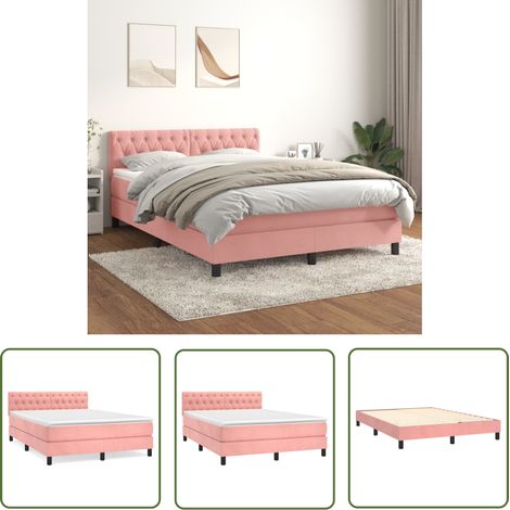 The Living Store Sommier à lattes de lit avec matelas Rose 140x190 cm Velours - Lit Double - Lit Tapissier - Lit Velours - Lit Rose - Literie (1/5)