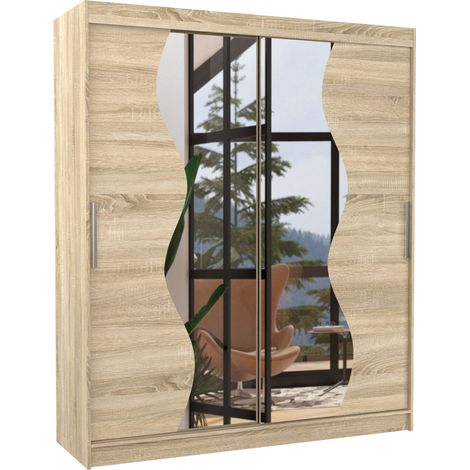 Armoire de chambre moderne bois clair 2 portes coulissantes avec miroir Voky 180cm (1/4)