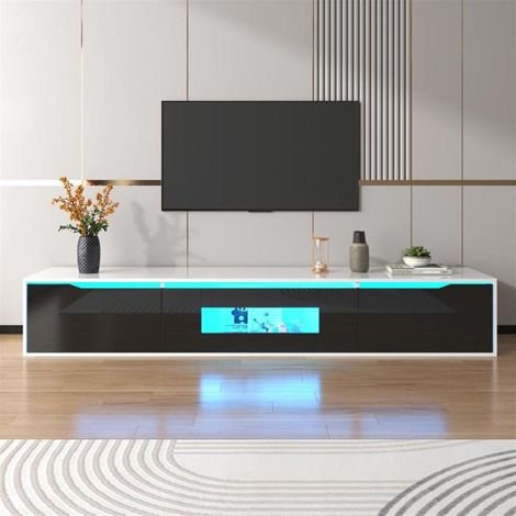 Meuble TV - GUTENT - 180x35x30 cm - Noir et blanc brillant - Éclairage LED - Design moderne