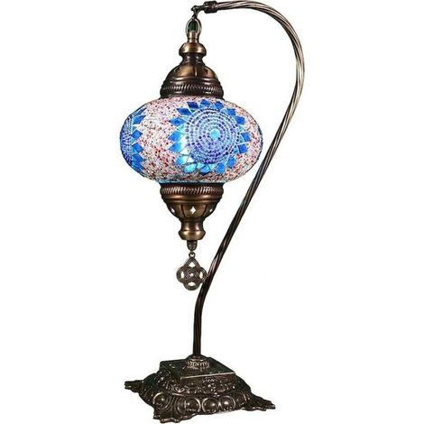 Lampe en mosaïque turque, métal antique, 35,5 x 17,5 cm, abat-jour en verre taillé à la main (1/5)
