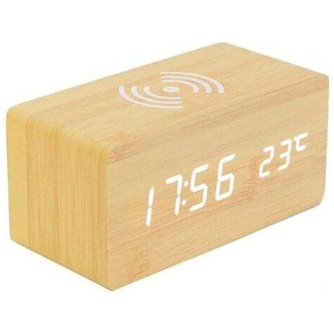 1 Réveil Numérique Bois, Thermomètre Intégré + Chargeur Sans Fil Qi pour iPhone Samsung, Design Élégant en Bois Naturel pour Chambre et Bureau (1/4)