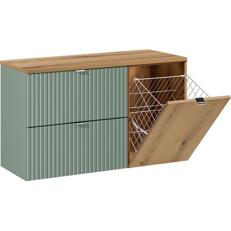 Meuble sous-vasque 100cm panier à linge Jade Vert et Bois (1/5)