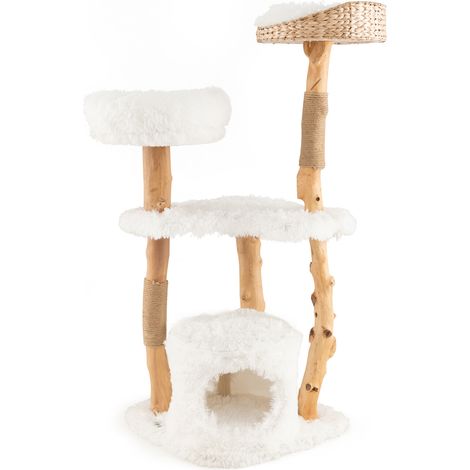 Confort et jeu - Arbre à chat en bois massif avec panier tressé à la main, griffoirs en jute, pour chats d'intérieur (1/5)