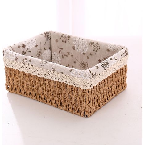 Panier de rangement tressé en tissu rustique, fait main, pour bureau, étagères, chambre, salle de bain. Taille moyenne : 22 x 16 x 10 cm, kaki. (1/5)