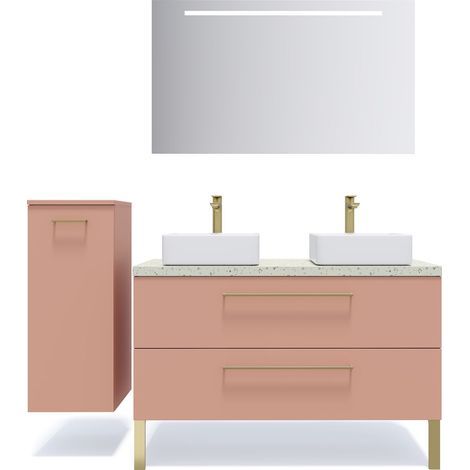 Meuble de salle de bain suspendu 2 vasques à poser 120cm 2 tiroirs Abricot + miroir + colonne ouverture gauche - Glasgow (1/5)