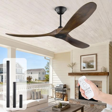 Ventilateur de plafond de 152 cm, sans lumière, ventilateur de plafond extérieur pour patios, ventilateur de plafond en bois avec télécommande, ventilateur de plafond à 3 pales, hélice, moteur à (1/5)