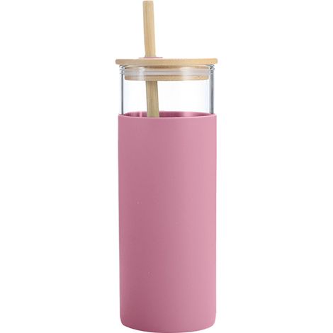 Gobelet en verre monocouche de 500 ml avec paille, couvercle en bambou et support en silicone. (1/5)