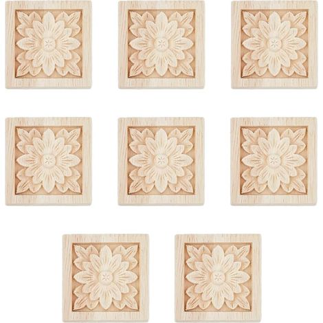 carrés de 6 cm x 6 cm ornés d'appliqués floraux pour meubles, sculptés dans le bois. Ces appliqués décoratifs non peints, à motif floral central, sont parfaits pour décorer un meuble ou un miroir.