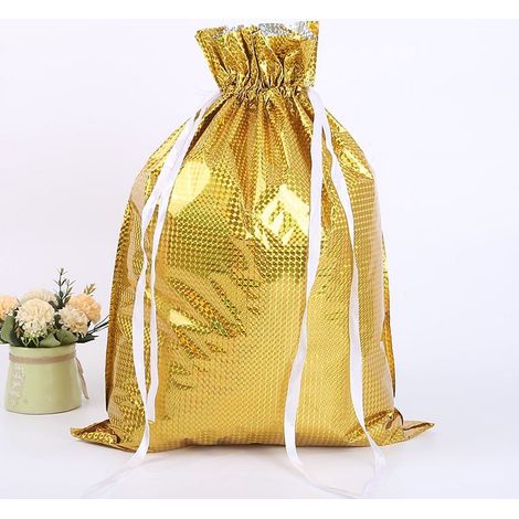 Sac Cadeau Noël - Sac à Cordon en Aluminium Doré - 22,8 x 16,9 Pouces - Idéal pour Emballage Festif - 10 Pièces (1/4)