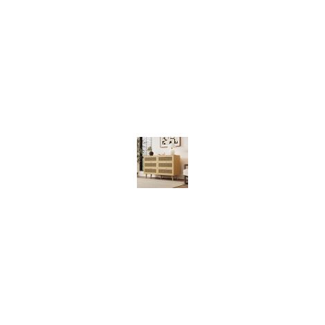 Commode 120x40x76,5 cm – 6 tiroirs, design rotin rétro et pieds en bois – noyer (1/5)
