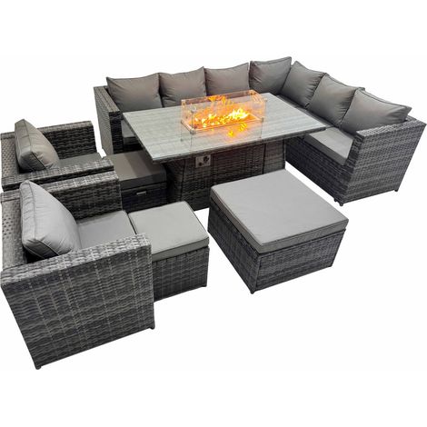 Fimous Garden Rattan Furniture Set 11 Seater Outdoor Corner Sofa 2 Chair Gas Firepit Dining Table Set with 3 Stools Dark Grey (1/5)