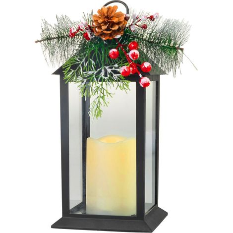 Laterne MagicHome Weihnachten, mit Zweig, Kunststoff, schwarz, 1xLED gelb, 14x14x32.2 cm, 3xAAA, bewegliche Flamme (1/5)