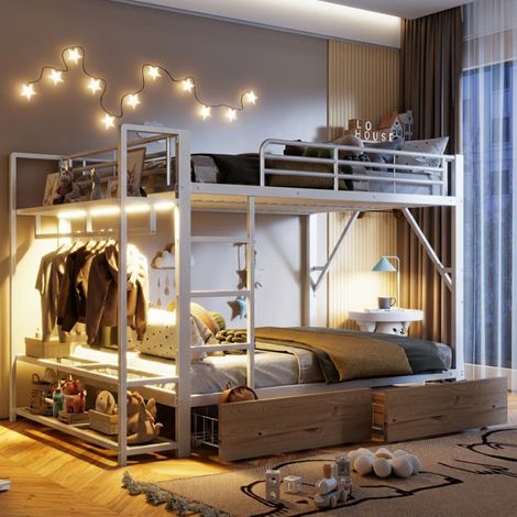 Lit Mezzanine 140x200 avec LED, Penderie et Tiroirs - Cadre Métal, Étagères de Rangement - Blanc (Matelas non inclus) (1/5)