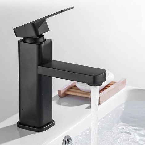Robinet Salle Bain Noir Mat Modern, Robinet Lavabo Salle de Bain Design Elégant, Mitigeur Lavabo Noir en Laiton, Mitigeur Salle de Bain avec Aérateur Démontable (1/4)