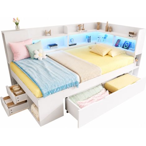 Lit banquette 90x200 cm blanc avec LED, ports USB et Type-C, rangements, tiroirs et sommier à lattes pour chambre ado - CHICFURN (1/5)