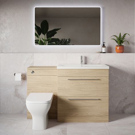 Napoli 390 Light Oak 1300mm 2 Drawer Vanity Unit Toilet Suite with Glide Basin - 1300mm - Chrome 480mm HandleWith Kingston Toilet Pan and Seat