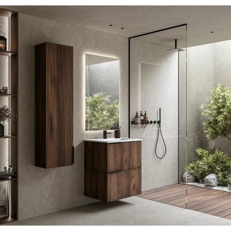 Mobile bagno sospeso cannettato 60 cm rovere scuro 2 cassetti con lavabo in ceramica e colonna Fuji (1/3)