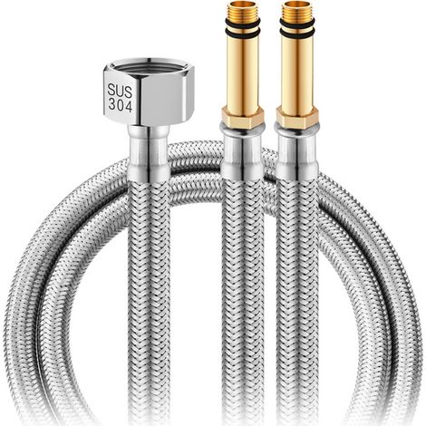 Manguera de entrada de agua para grifo, a prueba de explosiones, para lavabo de verduras, manguera de suministro de agua caliente y fría, de acero inoxidable 304, con punta trenzada, accesorios (2 uni (1/5)
