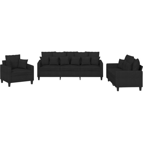 3-teiliges Sofaset mit Kissen schwarz Stoff