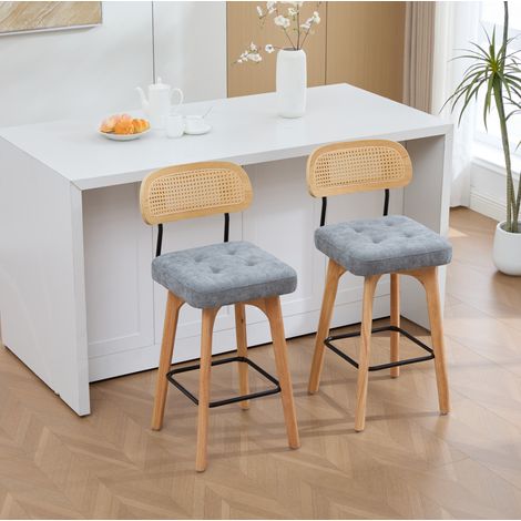 Juego de 2 taburetes de bar giratorios 360° grises de chenilla con respaldo de ratán - CHICFURN (1/5)