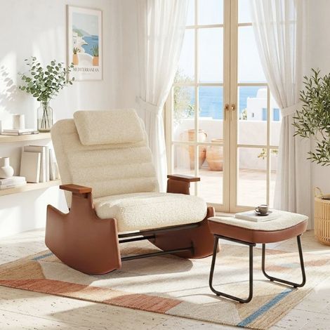 Poltrona a Dondolo con Poggiapiedi - Poltrona Reclinabile Ergonomica Imbottita - Angolo Regolabile (100°-160°) - Tessuto Effetto Agnello a Costine e Poggiatesta Incluso - Beige (1/5)