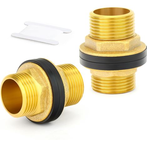 2PCS Raccord laiton traversant pour réservoir, filetage mâle 1/2" BSP, connecteur eau avec joints caoutchouc pour réservoirs, bassins, plomberie (1/5)