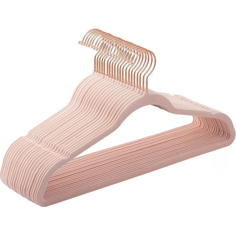20er-Pack Samt-Kleiderbügel, rutschfeste Oberfläche, 42 x 12 cm, dünn, große Tragfähigkeit, 360° drehbare Roségold-Haken, für Mäntel, Rosa (1/5)