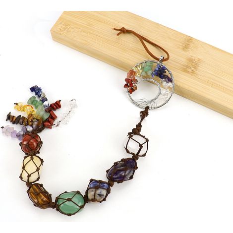Chakra pierres arbre de vie ornement guérison naturelle 7 Chakra cristal suspendu ornement voiture fenêtre voiture maison Yoga décor(Argent courbé) (1/5)