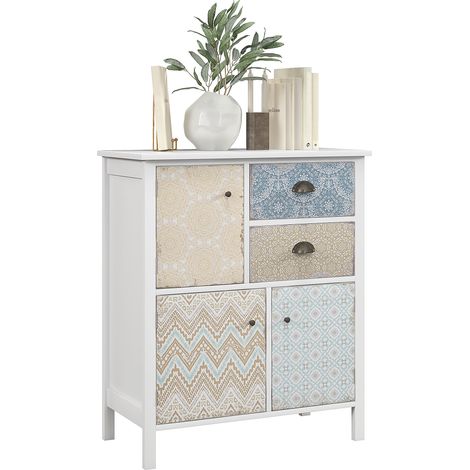 Sideboard, Shabby Chic Kommode, 2 Schubladen, 3 Schrankfächer, Kiefernholz, 68x34x80cm, Weiß