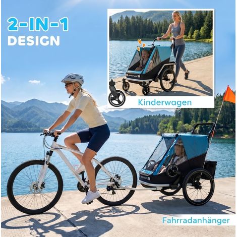 Remorque vélo enfant 2 places pliable 2-en-1 avec sièges ajustables et harnais, bleu (1/5)