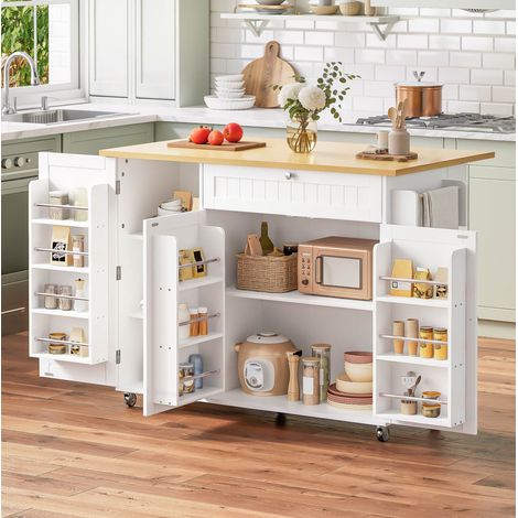 Kücheninsel 120/45(70)/92 cm aus MDF in Natural+White mit Klappplatte, Schublade und Rollen (1/5)