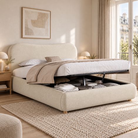 Polsterbett 160 x 200 cm aus beigem Chenille-Stoff mit Stauraum, ohne Matratze – MEUBLIV (1/5)