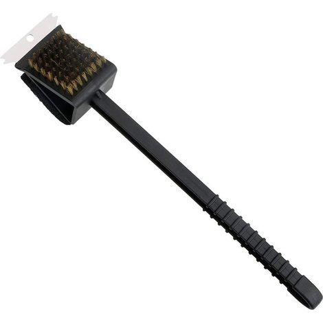 Brosse de nettoyage pour gril 3 en 1, brosse éponge, spatule en acier, brosse en fil de cuivre avec long manche en plastique noir, outils pour le barbecue.
