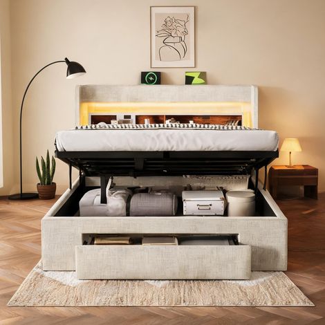 Cadre de lit beige en lin 219 x 191 x 111 cm (1/5)