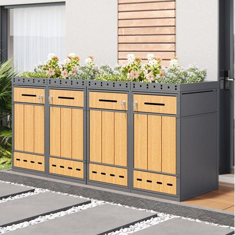 Cache-poubelles 4 bacs 120-240 L en acier gris aspect bois, bac à plantes pour terrasse – MEUBLIV (1/5)