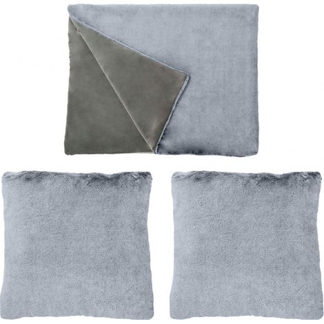Lot de 2 coussins et 1 plaid en fausse fourrure gris givré doux - LEVY (1/5)