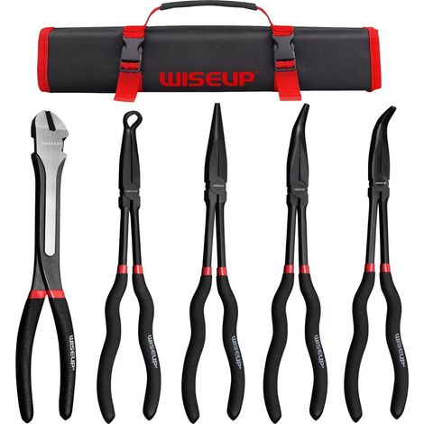Lot de 5 pinces à long bec en acier au carbone de qualité supérieure, 27,9 cm de long, droites, à bec coudé à 45°, pince à long bec coudé à 90°, pinces coupantes latérales pour espaces (1/5)