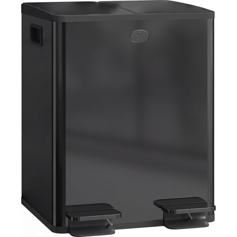 Poubelle de cuisine noire 2 bacs 2 x 20L, acier inoxydable, couvercle à fermeture silencieuse, dimensions 45,8x36x51,6cm