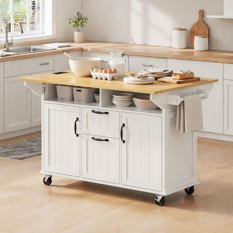 Isla de cocina con ruedas (120x40-60-80x92 cm), encimera abatible, almacenamiento con cajones, MDF, blanco y natural (1/5)