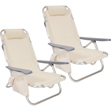 Set 2 Sedie Mare Spiaggine Pieghevoli in Alluminio con Poggiatesta e Tasca Laterale, Sdraio Spiaggia Basse con Braccioli, Tessuto Textilene Traspirante e Resistente, per Mare Campeggio Giardino, Beige (1/5)
