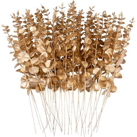 36 piezas de decoración artificial de eucalipto, ramas artificiales de eucalipto, hojas de eucalipto falsas, tallos de plantas artificiales para bodas, decoración del hogar y la cocina, color dorado. (1/4)