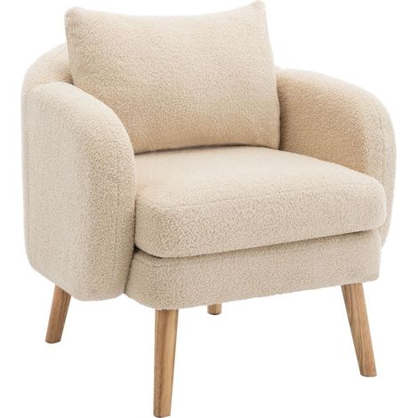 Fauteuil moderne simple en velours Teddy avec coussins, canapé simple, pieds en bois massif - Beige (1/5)