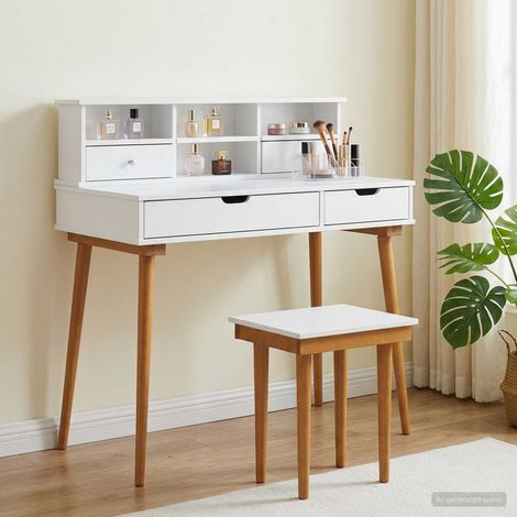 Ensemble coiffeuse 3 pièces, miroir et rangements, bois d’ingénierie, blanc, 100 x 50 x 103,5 cm - PANGIVO (1/5)
