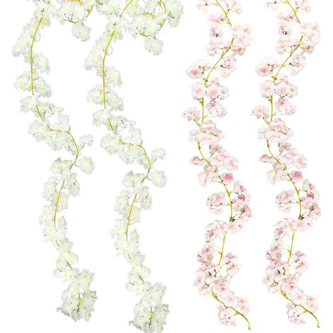 4 Pièces Guirlande Fleurs Artificielles Cerisier, Fleurs en Soie, Guirlande de Fleurs Artificielles à Suspendre, Adaptée à la Décoration de Mariages, de Fiançailles et de Fêtes (Rose et Blanc) (1/5)