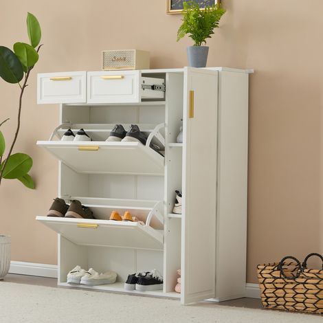 Armoire à chaussures moderne,avec étagères réglables,poignées dorées,tiroirs,meuble à chaussures pliantes et portes,blanche,W95/D24/H107.5