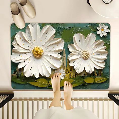 Tapis de bain absorbant en diatomite – Tapis antidérapant et résistant à la saleté pour salle de bains et entrée, design peinture à l’huile avec deux fleurs blanches (40 x 60 cm)-lsw